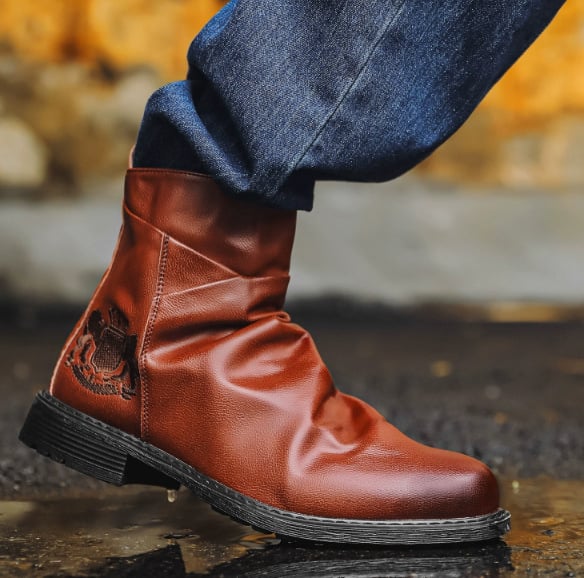 Férfi Martin csizmák oldalsó cipzárral, PU felső rész, gumitalp, kerek orr, hálós bélés, középmagas szár, 3–5 cm-es sarok