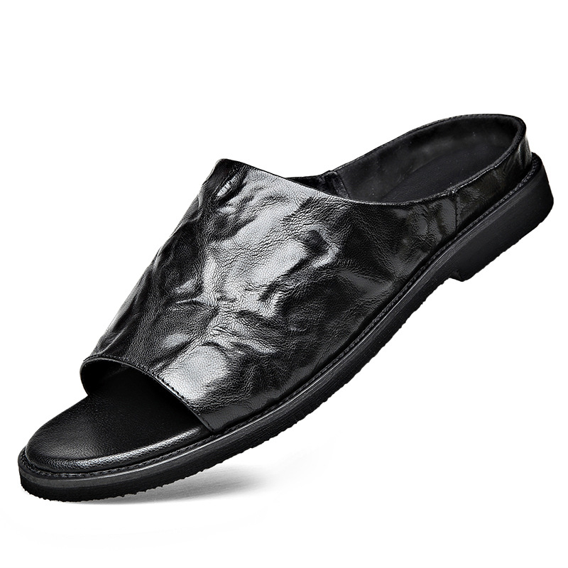 Férfi nyári szandál felsőréteg báránybőrrel, relief mintázatú slip-on, beltéri és kültéri viselet, divatos strand-stílus