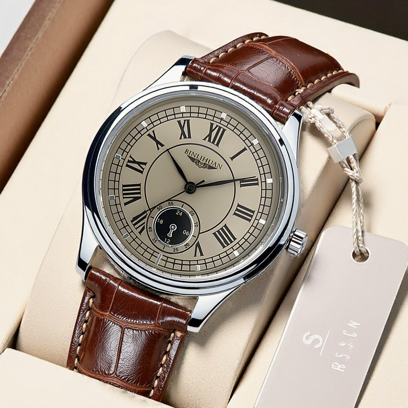 BINLIHUAN Muški sat s kožnim remenom, kvarcni mehanizam, 40 mm brojčanik, kućište od legure, dnevna vodootpornost, moderan stil