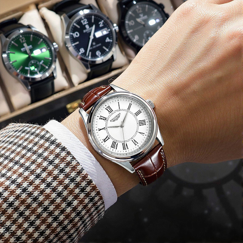 Binli Huan Muški sat s kožnim remenom od umjetne kože, vodootporan kvarcni sat, 41 mm okrugli brojčanik, kućište od legure, moderan dizajn