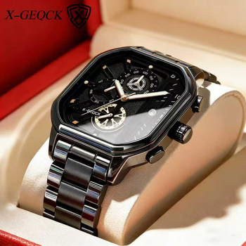 Férfi kvarc karóra rozsdamentes acélból, négyszögletes számlap, 47 mm, 12 mm vastagság, kvarcos mechanizmus, világító dial, 10 m vízállóság, többfunkciós