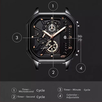 Férfi kvarc karóra rozsdamentes acélból, négyszögletes számlap, 47 mm, 12 mm vastagság, kvarcos mechanizmus, világító dial, 10 m vízállóság, többfunkciós