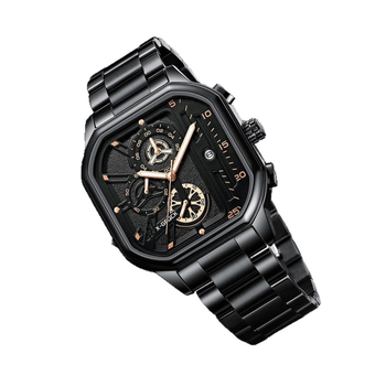 Férfi kvarc karóra rozsdamentes acélból, négyszögletes számlap, 47 mm, 12 mm vastagság, kvarcos mechanizmus, világító dial, 10 m vízállóság, többfunkciós