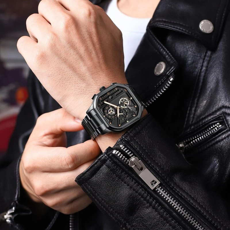 Férfi kvarc karóra rozsdamentes acélból, négyszögletes számlap, 47 mm, 12 mm vastagság, kvarcos mechanizmus, világító dial, 10 m vízállóság, többfunkciós