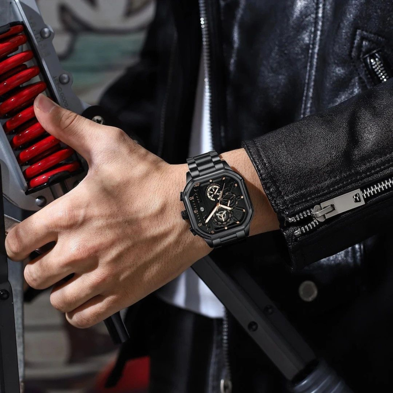 Férfi kvarc karóra rozsdamentes acélból, négyszögletes számlap, 47 mm, 12 mm vastagság, kvarcos mechanizmus, világító dial, 10 m vízállóság, többfunkciós