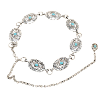Boemski metalni kaiš za struk s tri prstena, plavi turkizni spoj, gravirano
