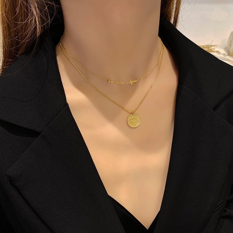 Dvoslojni kružni privjesak od titan čelika, 520, ogrlica za ključnu kost, unisex, minimalistički stil, inspirirano japanskim i korejskim dizajnom
