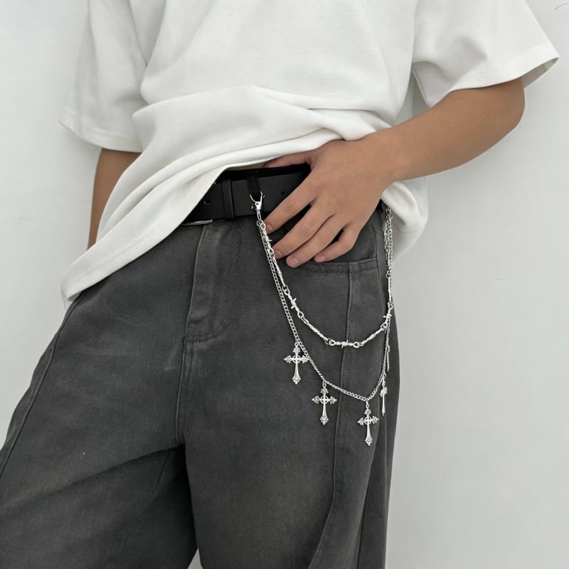 Unisex lanac za pojas za traperice s križnim privjeskom, hip-hop stil, cinkov spoj, duljina 115 cm