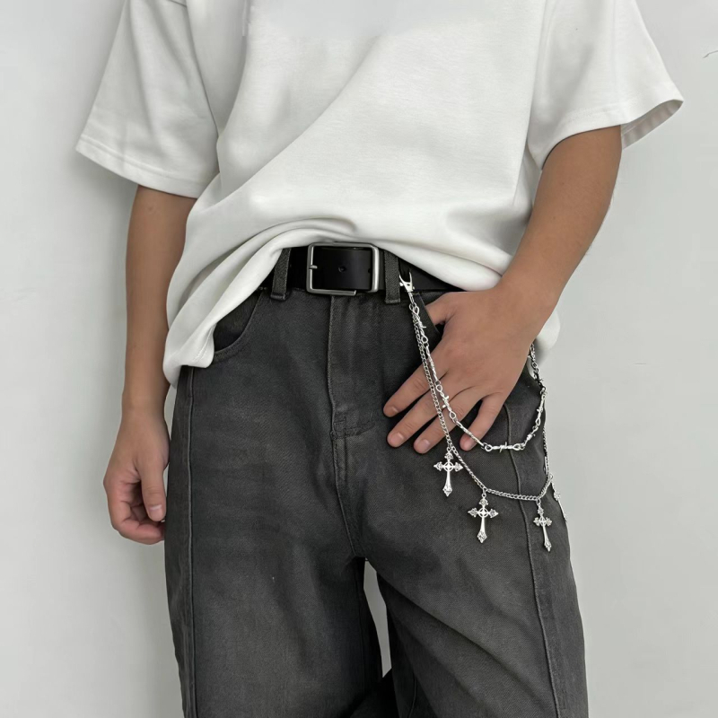 Unisex lanac za pojas za traperice s križnim privjeskom, hip-hop stil, cinkov spoj, duljina 115 cm