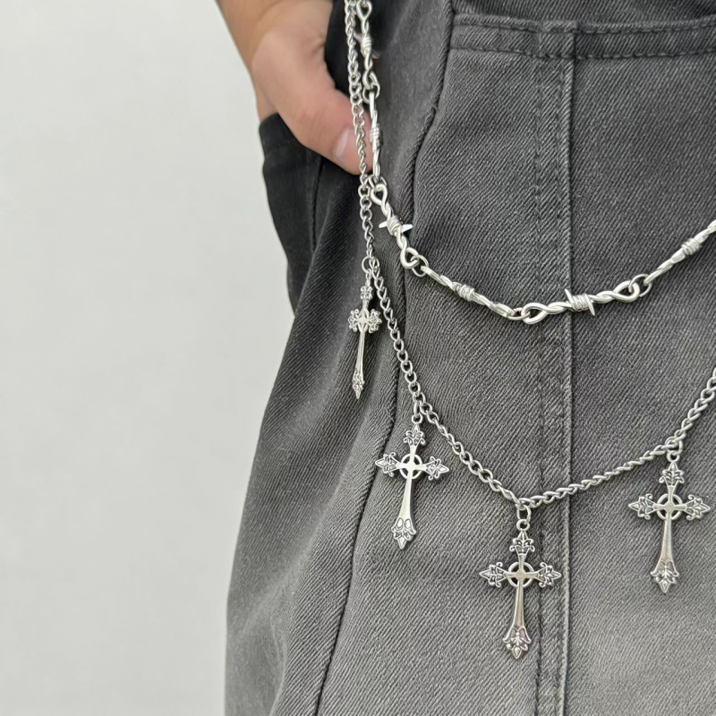 Unisex lanac za pojas za traperice s križnim privjeskom, hip-hop stil, cinkov spoj, duljina 115 cm