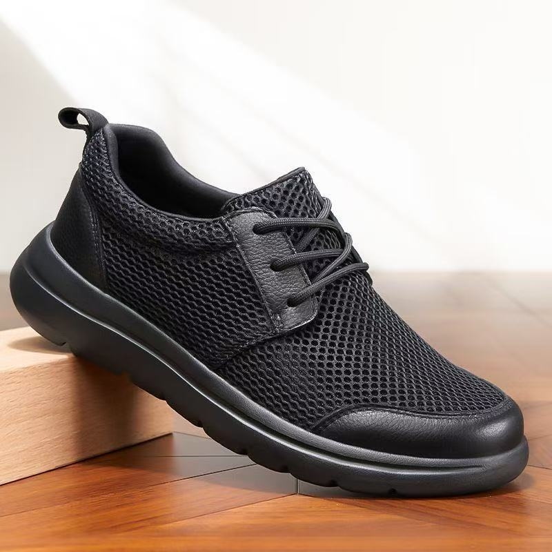 Férfiak számára szabadidős, légáteresztő hálószerkezetű sneaker, fekete, fűzős, kényelmes mindennapi viseletre és futásra
