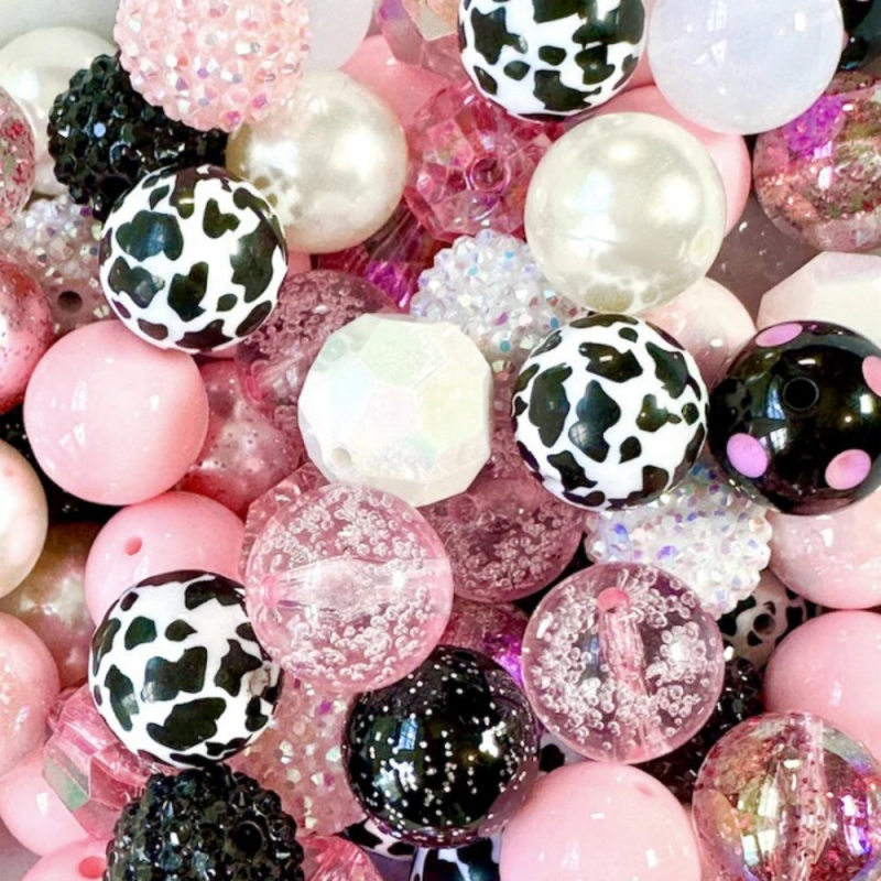 20 mm miješane crno-ružičaste leopard uzorka akrilne perle, 50 komada za DIY chunky nakit