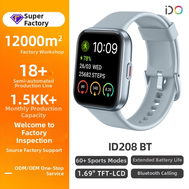 Id208bt Smart hodinky s Bluetooth hovormi, 1,69-palcový TFT displej, srdcová frekvencia, krvný tlak, šport a zdravie, prispôsobiteľné