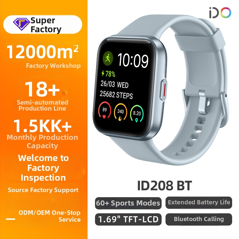 Id208bt Smart hodinky s Bluetooth hovormi, 1,69-palcový TFT displej, srdcová frekvencia, krvný tlak, šport a zdravie, prispôsobiteľné
