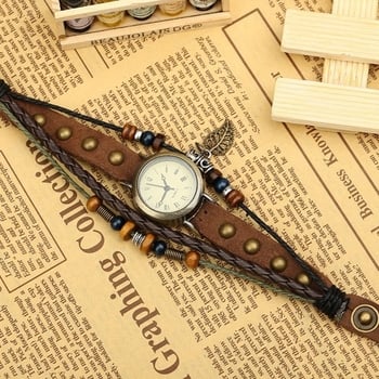 Retro bőr karkötő digitális órával, uniszex kiegészítő ötvözet levél díszítéssel
