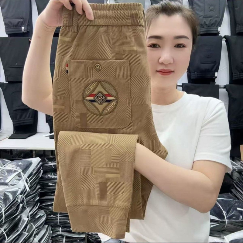 Muške ljetne tanke casual hlače s geometrijskim uzorkom i izvezkom, harem jogger stil, srednji pojas, bez pojasa, prozračan poliester