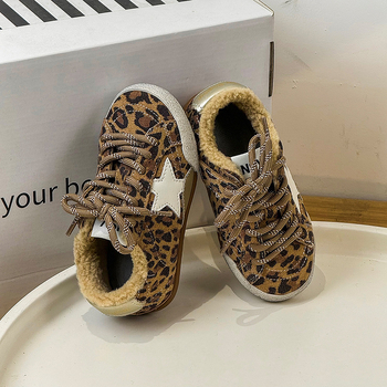 Dječje zimske tenisice s leopard uzorkom, korejskog stila, plišom podstavljene, s Velcro zatvaračem