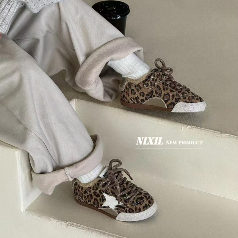 Dječje zimske tenisice s leopard uzorkom, korejskog stila, plišom podstavljene, s Velcro zatvaračem