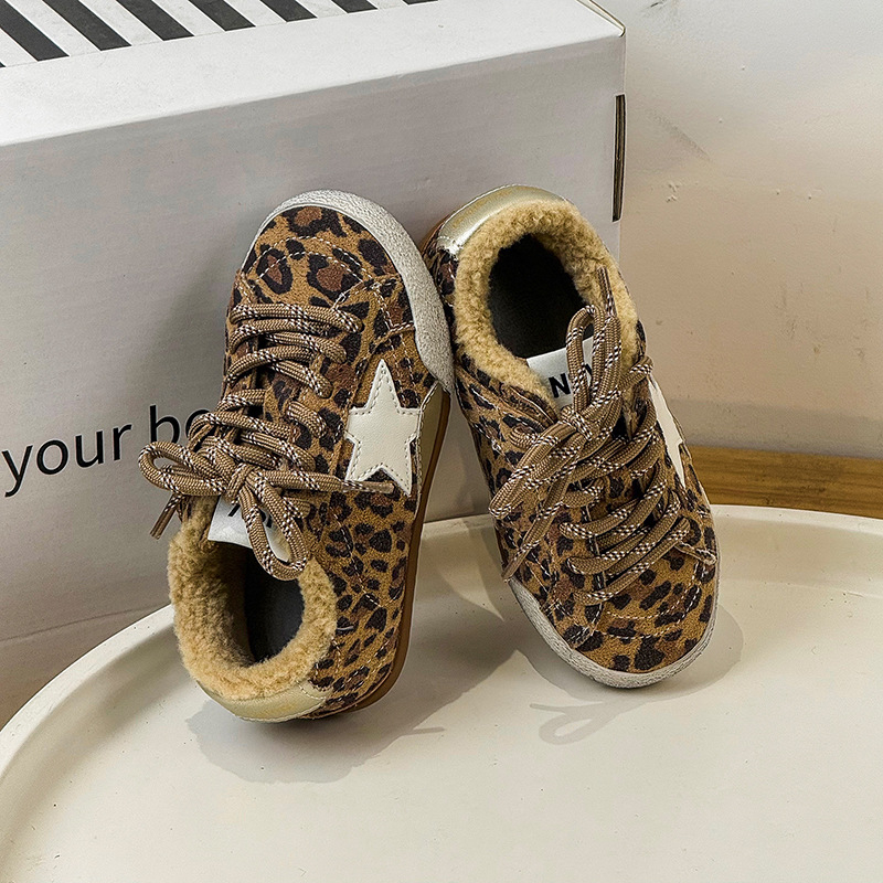 Dječje zimske tenisice s leopard uzorkom, korejskog stila, plišom podstavljene, s Velcro zatvaračem