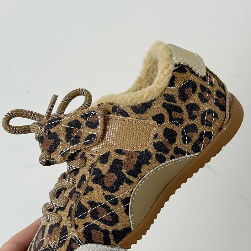 Dječje zimske tenisice s leopard uzorkom, korejskog stila, plišom podstavljene, s Velcro zatvaračem