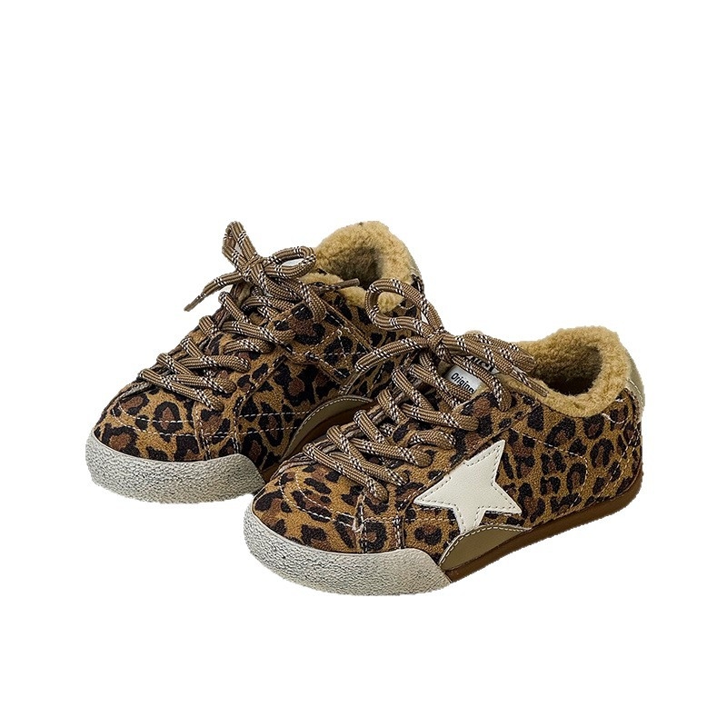 Dječje zimske tenisice s leopard uzorkom, korejskog stila, plišom podstavljene, s Velcro zatvaračem