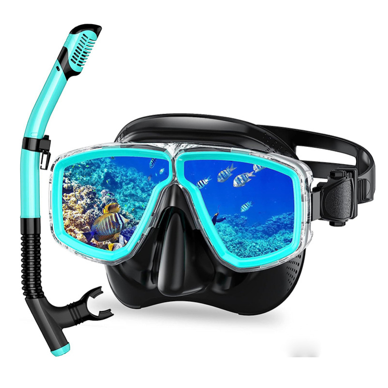 Két részes snorkel készlet száraz felső csővel, búvármaszk és szemüveg