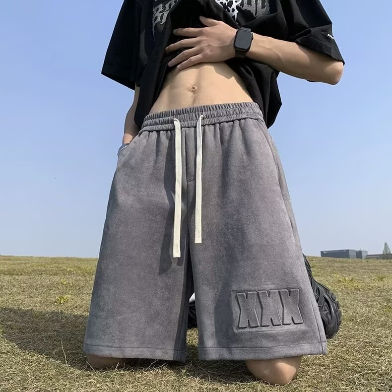 Muške kratke hlače od semiša s metalnim printom, slobodan kroj, Harajuku stil, ljeto 2025