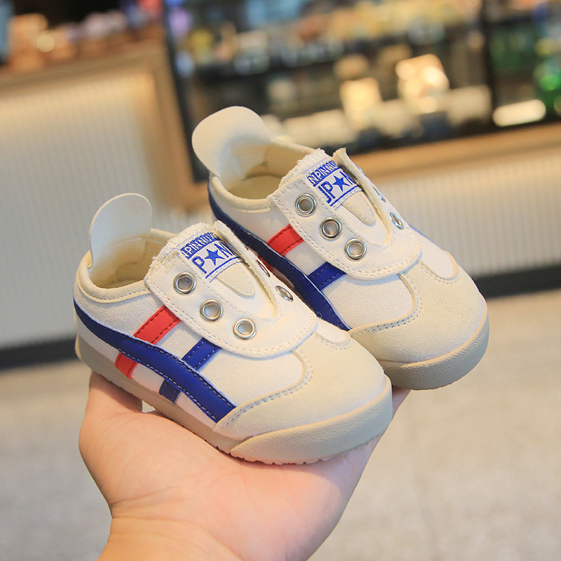 Proljetne prugaste tenisice za djecu s mekanom potplatom, prozračni platneni gornji dio, unisex s Velcro kopčom