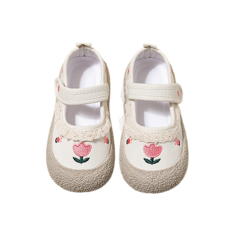 Dječje platnene tenisice za djevojčice s tulipan izvezenom, mekan potplat, Velcro zatvarač, korejski stil, svestrane
