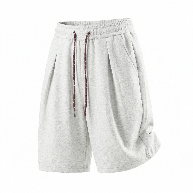 Férfi nyári sportos rövidnadrág színblokkal és húzózsinórral, plisírozott retro stílussal, légáteresztő, laza, casual, térd alá érő hosszúságú