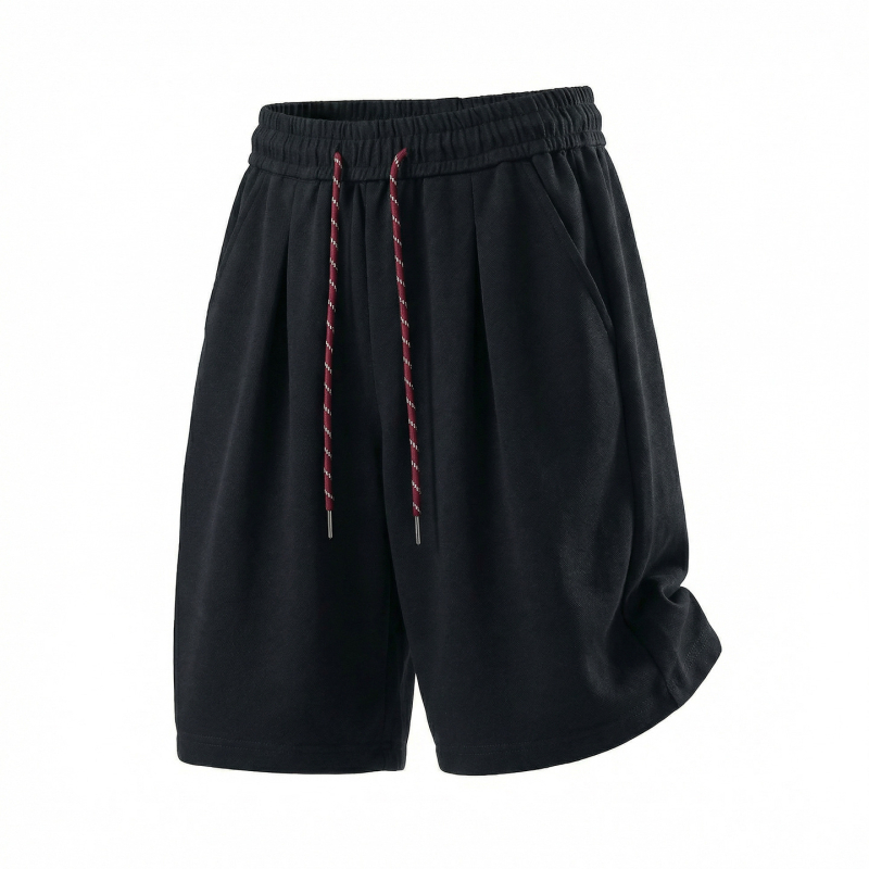 Férfi nyári sportos rövidnadrág színblokkal és húzózsinórral, plisírozott retro stílussal, légáteresztő, laza, casual, térd alá érő hosszúságú
