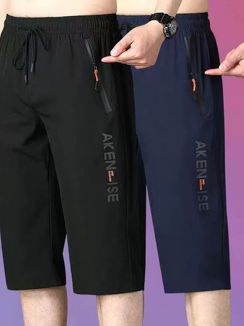 Muške capri hlače od ice silk, slobodan kroj, s printom, ravni kroj, srednje duljine, plus veličina.