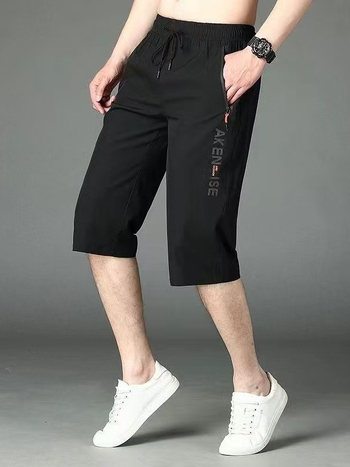 Muške capri hlače od ice silk, slobodan kroj, s printom, ravni kroj, srednje duljine, plus veličina.