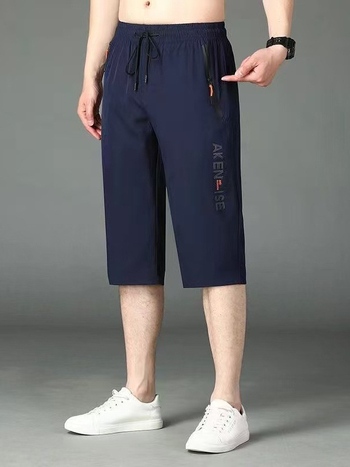 Muške capri hlače od ice silk, slobodan kroj, s printom, ravni kroj, srednje duljine, plus veličina.