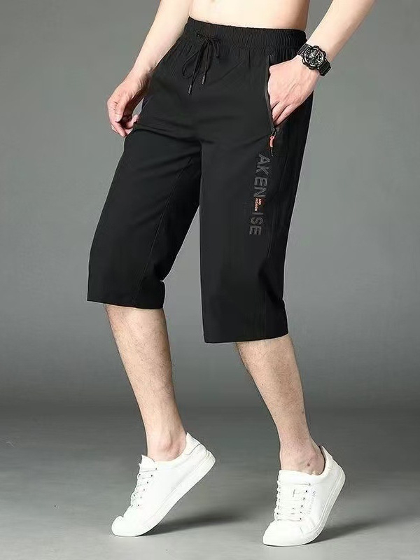 Muške capri hlače od ice silk, slobodan kroj, s printom, ravni kroj, srednje duljine, plus veličina.