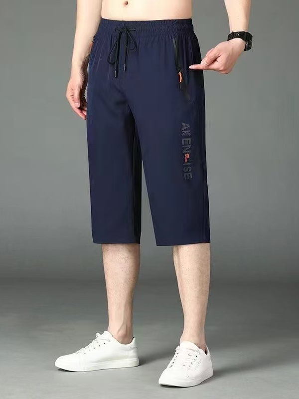 Muške capri hlače od ice silk, slobodan kroj, s printom, ravni kroj, srednje duljine, plus veličina.