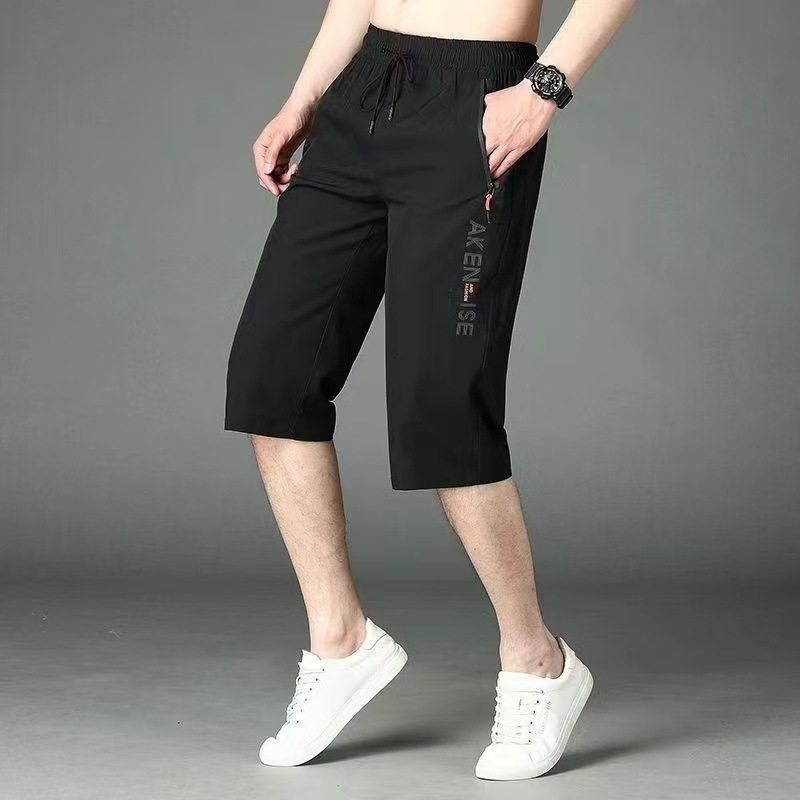 Muške capri hlače od ice silk, slobodan kroj, s printom, ravni kroj, srednje duljine, plus veličina.