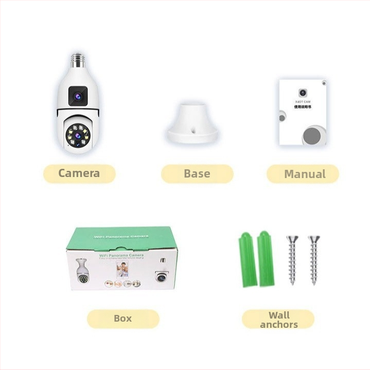Vnútorná lampa kamera so dvojitým objektívom, bezdrôtová, dvojité zobrazenie, plnofarebný 1080p nočné videnie, 360° pokrytie