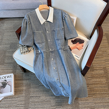 Rochie de damă din denim, cu rever, fără mâneci, lungime midi, croială în A-line, stil elegant
