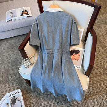Rochie de damă din denim, cu rever, fără mâneci, lungime midi, croială în A-line, stil elegant