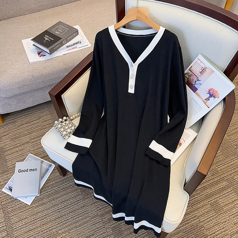 Rochie de damă mărime plus, tricotată din ice silk, guler rotund, toamnă, croială A-line midi, mărimea L