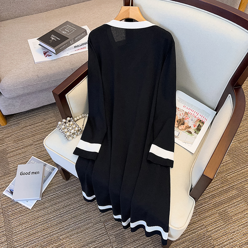 Rochie de damă mărime plus, tricotată din ice silk, guler rotund, toamnă, croială A-line midi, mărimea L