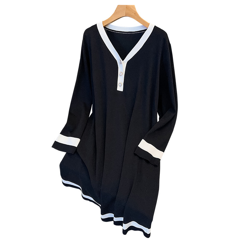 Rochie de damă mărime plus, tricotată din ice silk, guler rotund, toamnă, croială A-line midi, mărimea L
