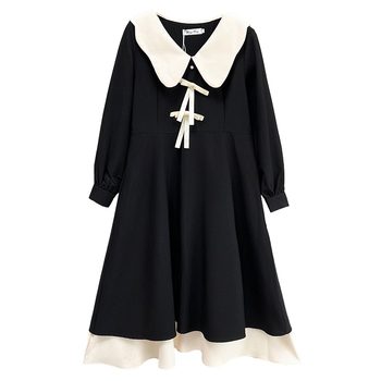 Rochie de damă plus size cu funda, guler păpușă, mâneci lungi, croială A-line, toamnă 2025