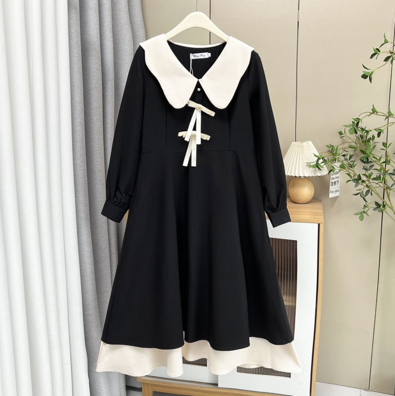Rochie de damă plus size cu funda, guler păpușă, mâneci lungi, croială A-line, toamnă 2025