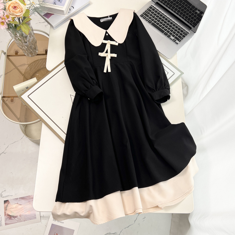Rochie de damă plus size cu funda, guler păpușă, mâneci lungi, croială A-line, toamnă 2025