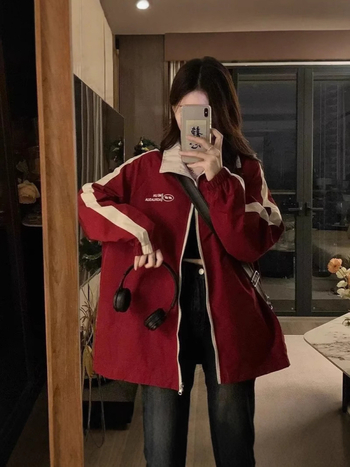 Ženska jakna za proljeće i jesen, lagana, stojeći ovratnik, poliester, print s slovima, dugi rukav, širok kroj, Hong Kong i japanski stil