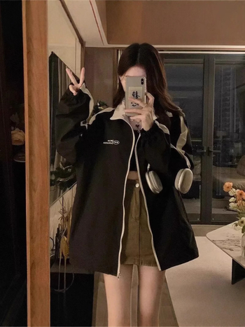 Ženska jakna za proljeće i jesen, lagana, stojeći ovratnik, poliester, print s slovima, dugi rukav, širok kroj, Hong Kong i japanski stil