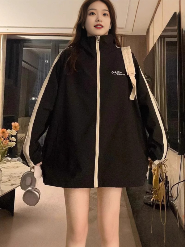 Ženska jakna za proljeće i jesen, lagana, stojeći ovratnik, poliester, print s slovima, dugi rukav, širok kroj, Hong Kong i japanski stil