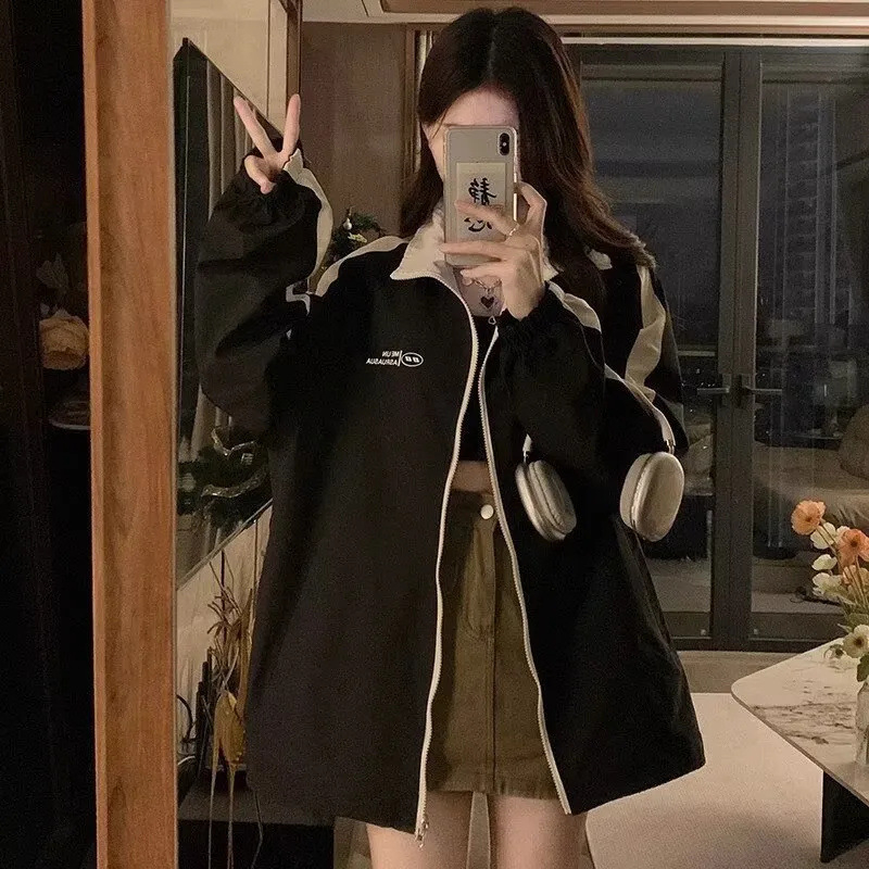 Ženska jakna za proljeće i jesen, lagana, stojeći ovratnik, poliester, print s slovima, dugi rukav, širok kroj, Hong Kong i japanski stil